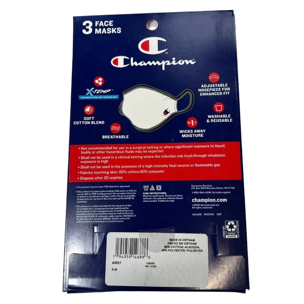 Champion 9 Adult‎ Face Masks 3 Boxes Of 3 Black, Navy, Concrete S/M Reusable